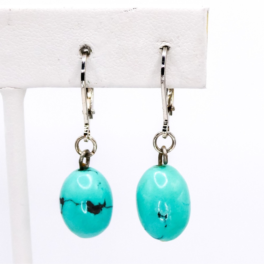 Turquoise Beaded Southwest Drop Dangle Earrings Silvertone 1.3" Womens